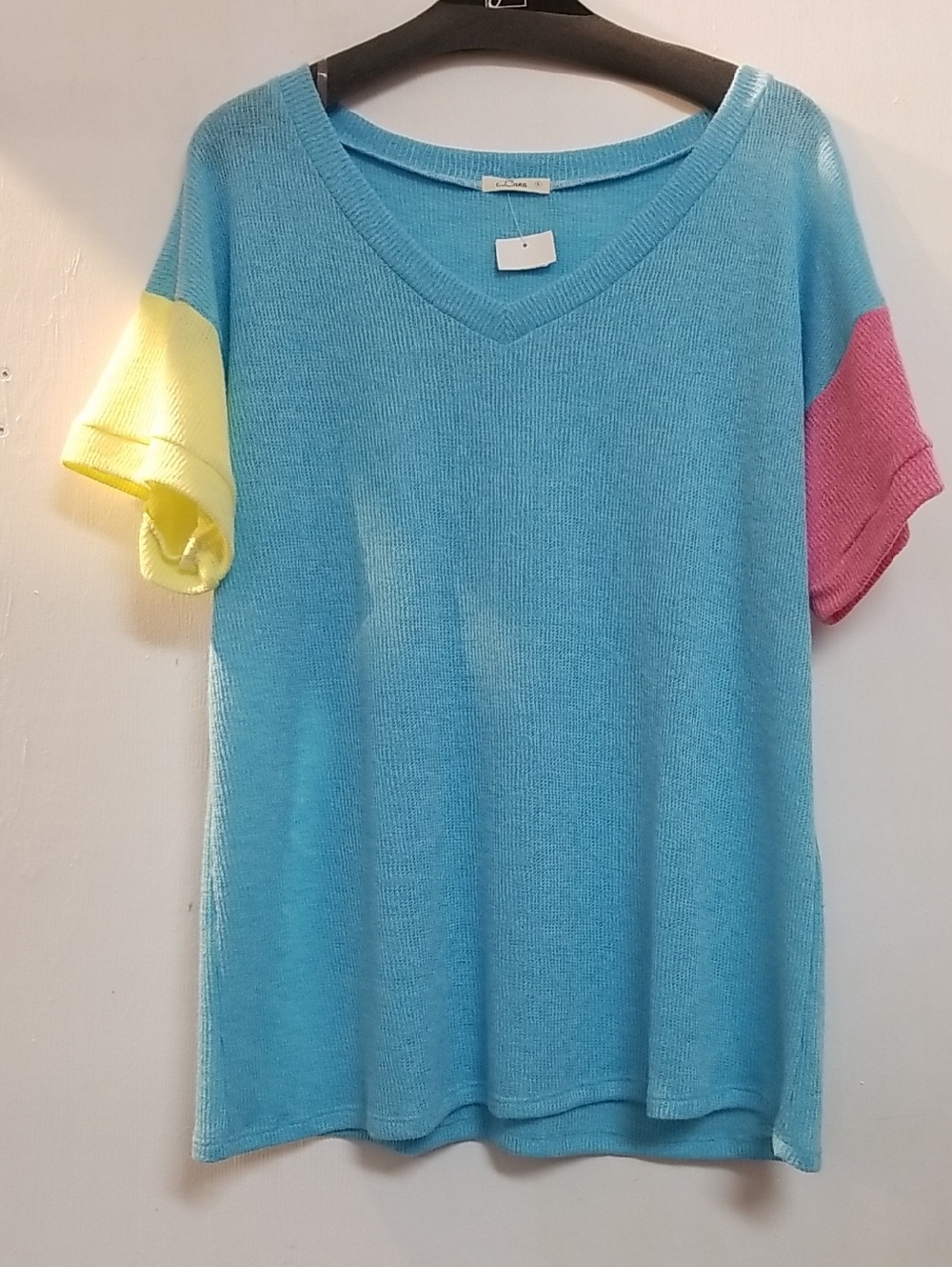 Vivid Colorblock V-Neck Sweater - Turquoise with Yellow & Pink Sleeves